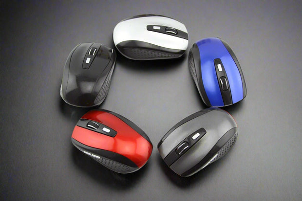 Wireless office mouse in various colors on a white background.