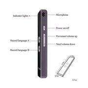 Multi-language translator tool with Bluetooth, voice recognition, and rechargeable battery.