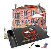 Electronic Drawing Board S640 with passive pen and artistic building illustration.