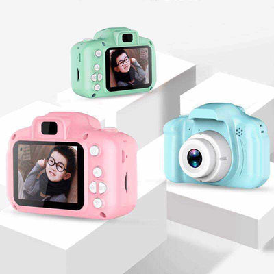 Children's HD digital waterproof camera with LCD screen in pink and blue.