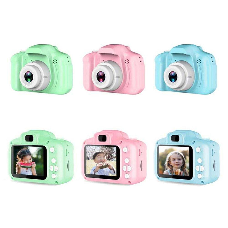 Children's HD digital waterproof cameras in pastel colors with LCD screens displaying images.