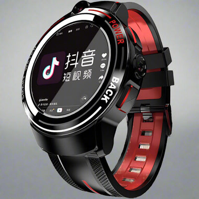 Black dual camera smart watch with ceramic bezel and red accents, featuring an AMOLED screen and wrist strap.