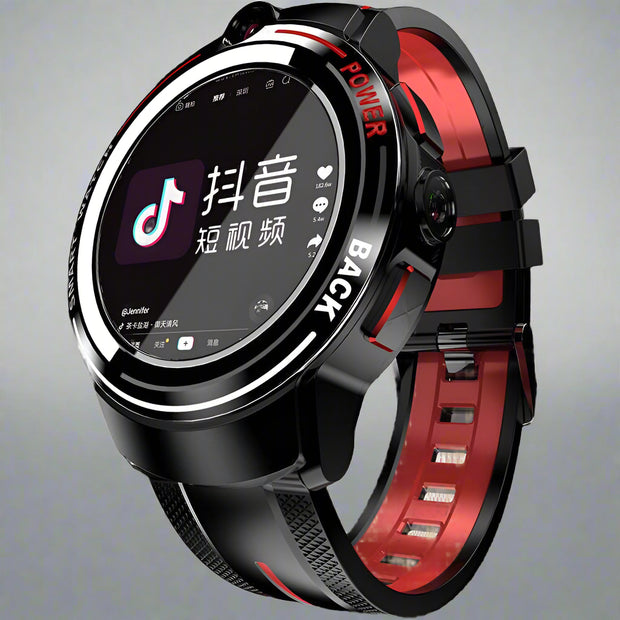 Black dual camera smart watch with ceramic bezel and red accents, featuring an AMOLED screen and wrist strap.