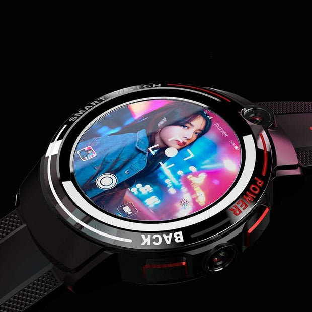 Dual Camera Ceramic Bezel Smart Watch with AMOLED display, black strap, and touch-button operation.