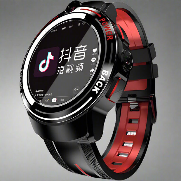Dual Camera Ceramic Bezel Smart Watch with AMOLED display and black wrist strap.