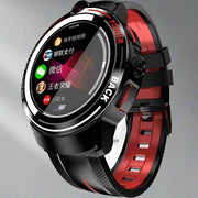 Black dual camera ceramic bezel smart watch with AMOLED screen and wrist strap.