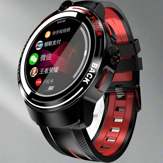 Black dual camera ceramic bezel smart watch with AMOLED screen and wrist strap.