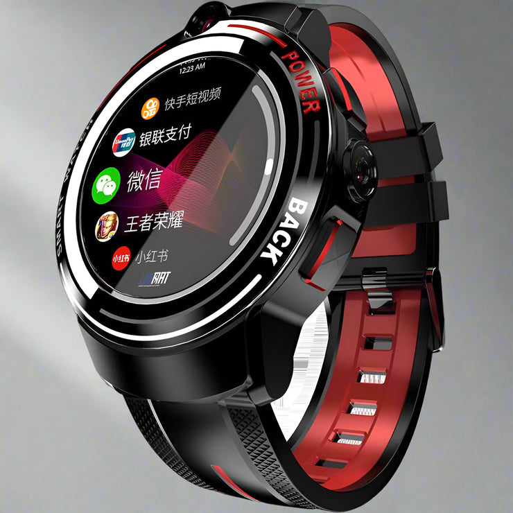 Black dual camera ceramic bezel smart watch with AMOLED screen and wrist strap.