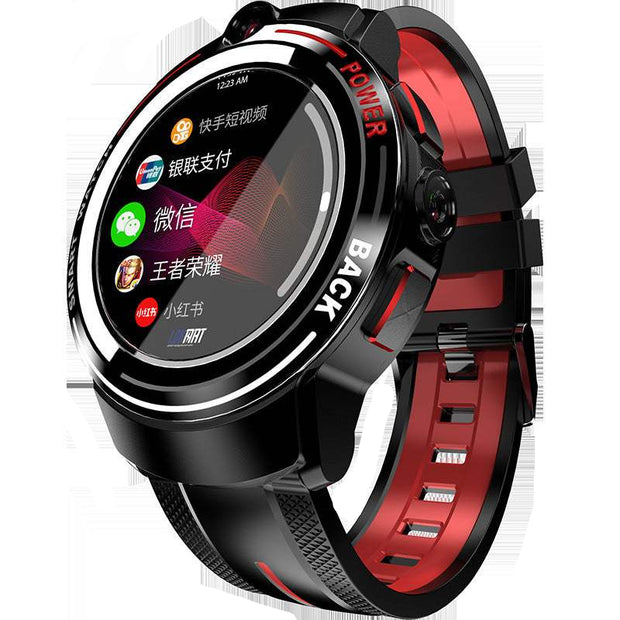 Dual camera ceramic bezel smartwatch with AMOLED screen and wrist strap in black.