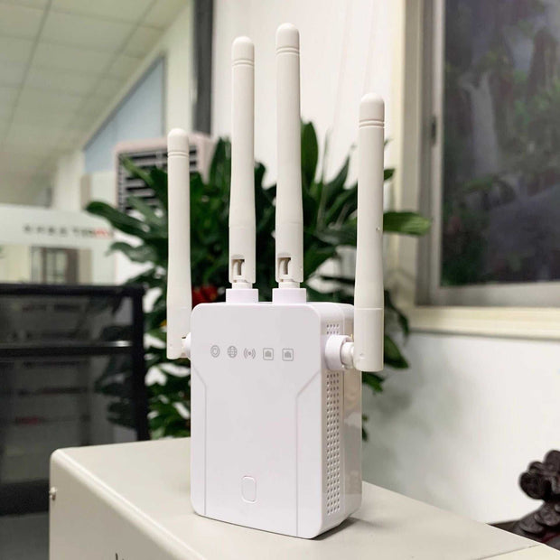 WiFi extender with multiple antennas in a modern indoor setting.