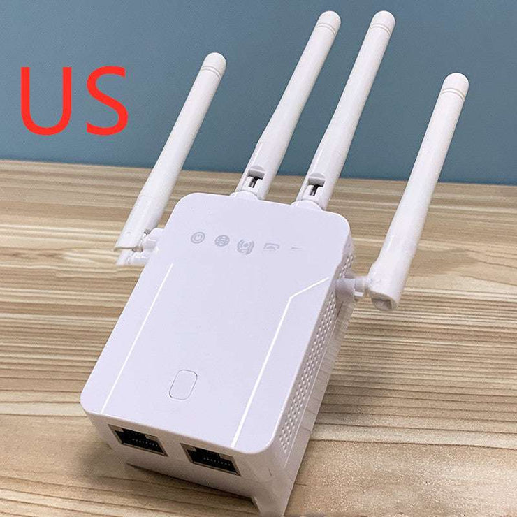 WiFi extender with three antennas on a wooden surface, American standard white.