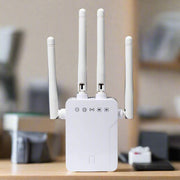 White WiFi extender with three antennas for improved wireless coverage.