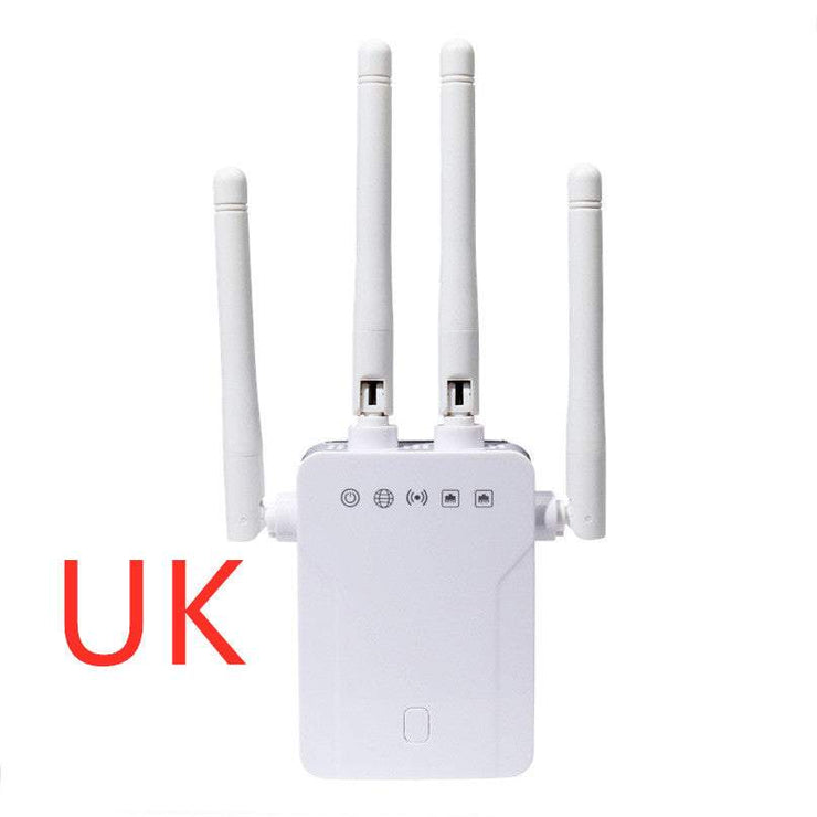 WiFi extender with three antennas in white UK standard design.