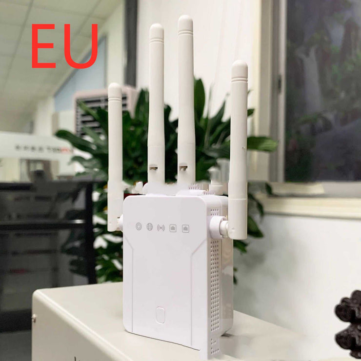 WiFi extender with four antennas in a European standard white design.