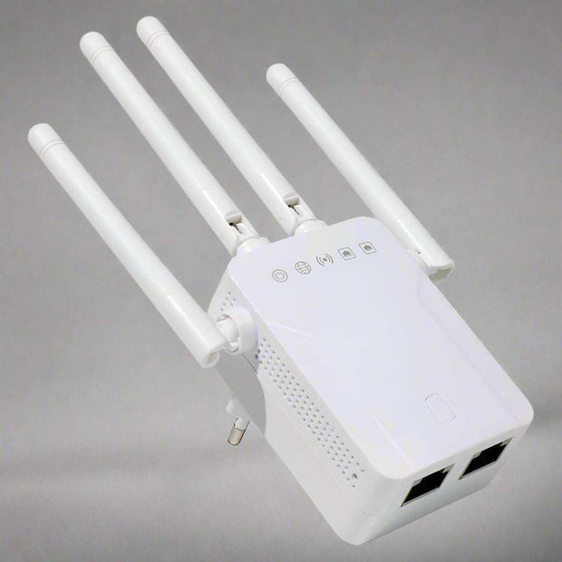 WiFi extender with four antennas in white color.