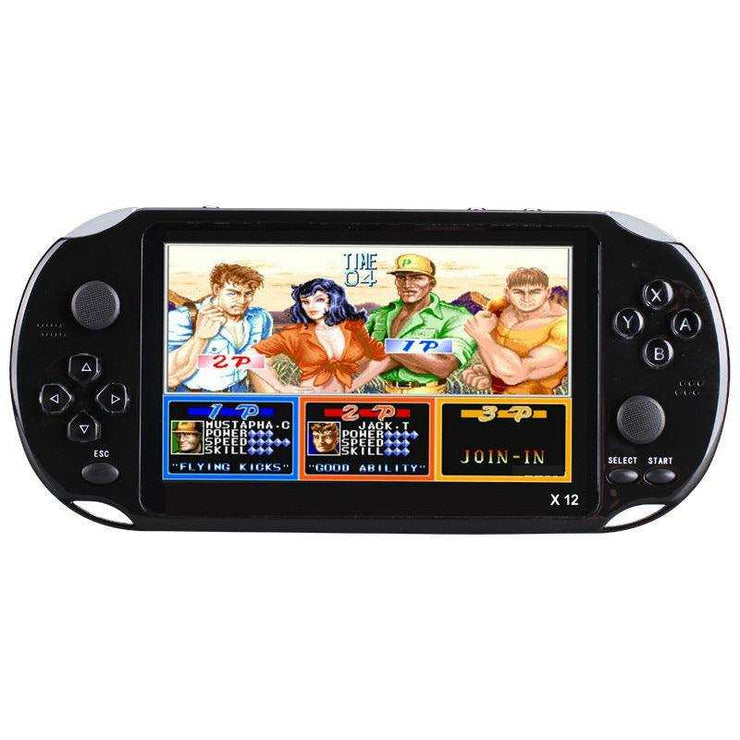 Retro Game Handheld Arcade Handheld Game Console X12 with screen displaying arcade game.