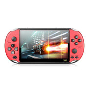 Retro game handheld arcade game console with colorful racing game on screen.