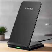 Black wireless charger for Android mobile phones with vertical and horizontal desktop use.