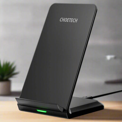 Black wireless charger for Android mobile phones with vertical and horizontal desktop use.