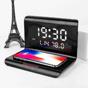 Wireless charger alarm clock with phone charging, perpetual calendar, and temperature display.