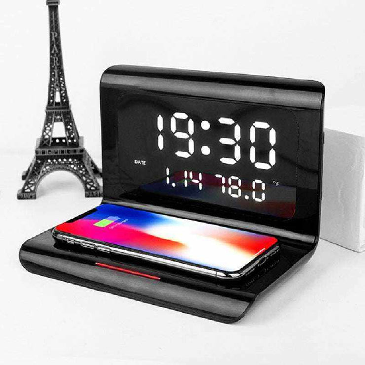 Wireless charger alarm clock with phone charging, perpetual calendar, and temperature display.