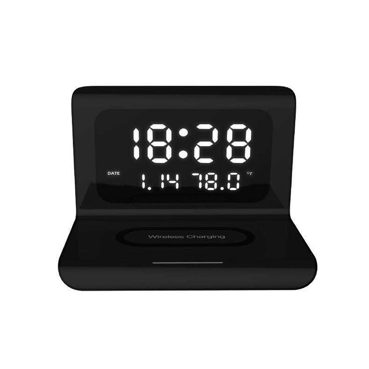 Wireless charger alarm clock with digital time, perpetual calendar, and temperature display.