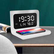 Wireless charger alarm clock with fast charging, calendar, temperature, and humidity display.