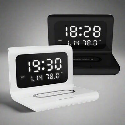 Wireless Charger Alarm Clock with LED display in white and black, showing time, date, and temperature.