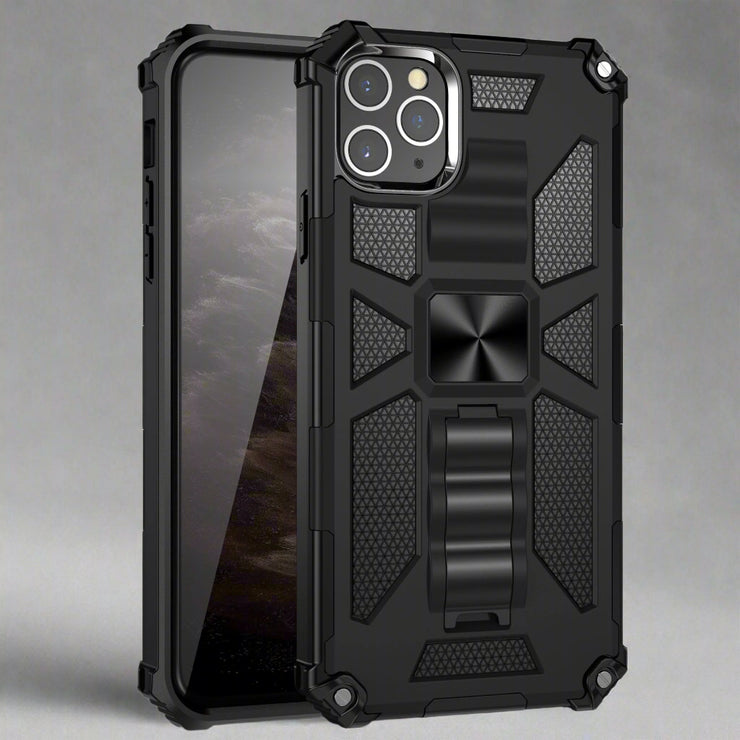 Military style anti-drop mobile phone case in black, tpu and pc material, back cover design.