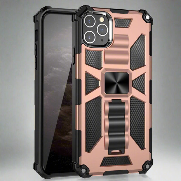 Military-style anti-drop mobile phone case with TPU+PC material, rose gold color, back cover design.