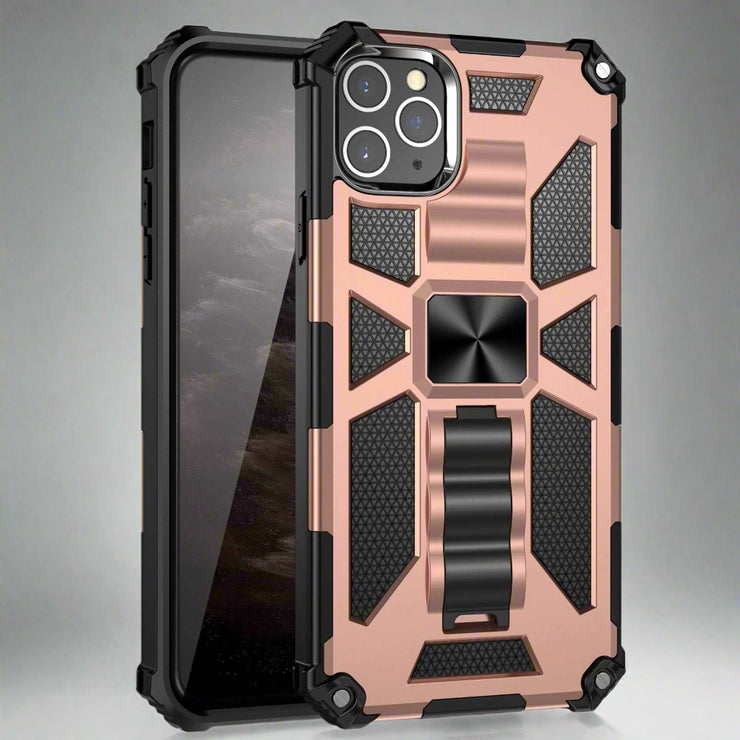 Military-style anti-drop mobile phone case with TPU+PC material, rose gold color, back cover design.