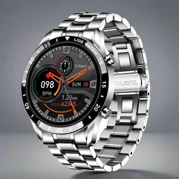 Smart Watch with stainless steel strap displaying time and step count on screen.