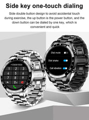 Smart watch with side key one-touch dialing, featuring metallic strap and health monitoring functions.