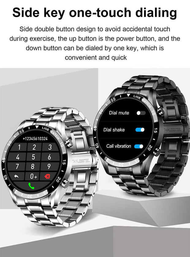 Smart watch with side key one-touch dialing, featuring metallic strap and health monitoring functions.