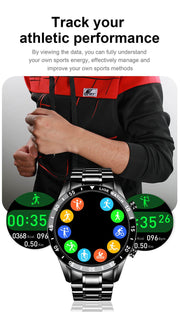 Smart watch with fitness tracking features displayed on screen.