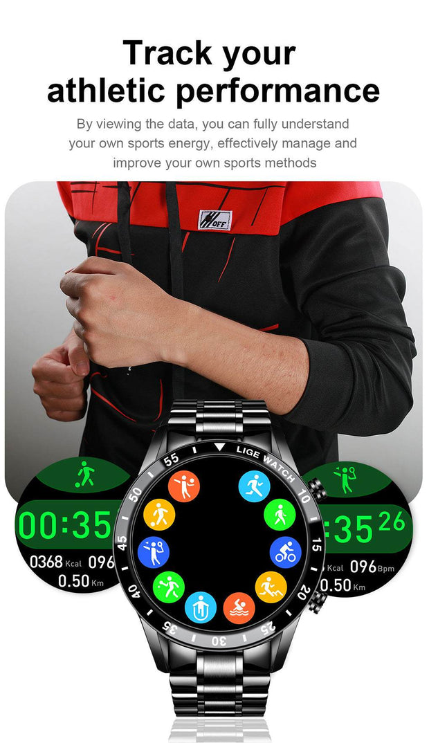 Smart watch with fitness tracking features displayed on screen.