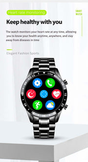 Smart watch with heart rate monitoring and health tracking apps displayed on a metal strap.