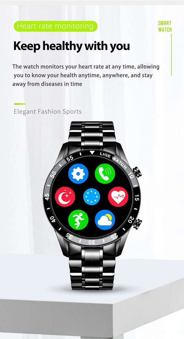 Smart watch with heart rate monitoring and health tracking apps displayed on a metal strap.