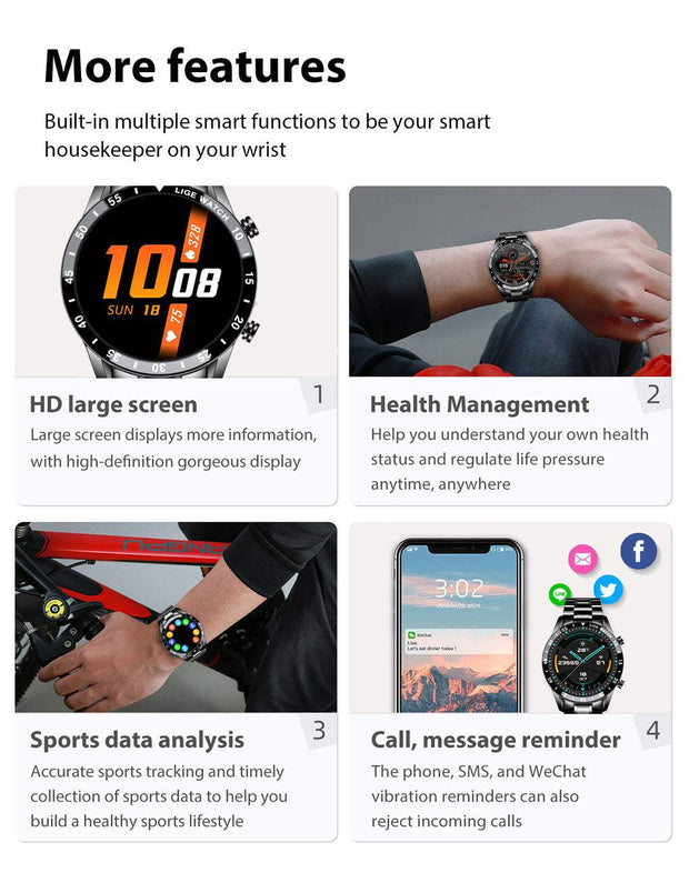 HD large screen smart watch with health management, sports data analysis, and call/message reminder features.