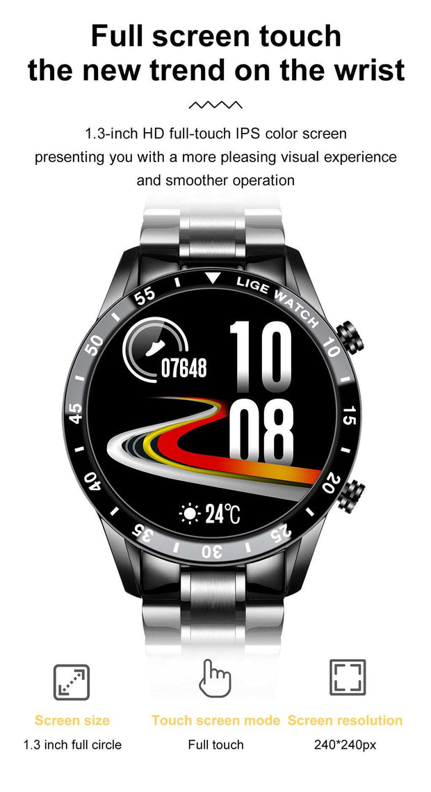 1.3-inch full-touch Lige Smart Watch with IPS color screen, showcasing time and weather display.