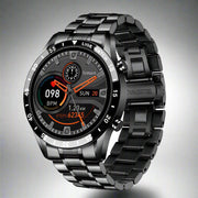 Smart Watch with stainless steel strap and digital display.