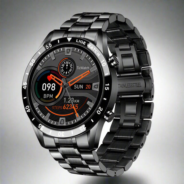 Smart Watch with stainless steel strap and digital display.
