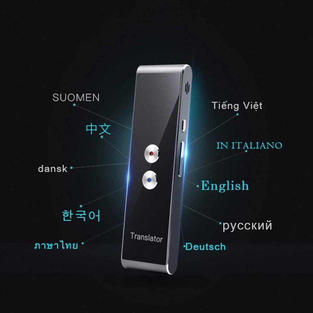 Multi-language translator device with real-time voice translation and Bluetooth connectivity.