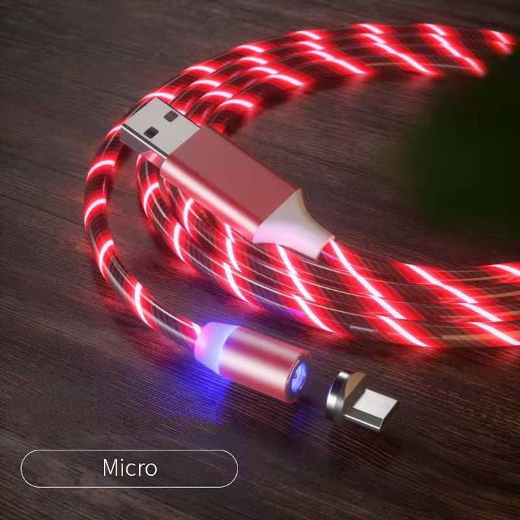 Magnetic LED fast charging cable with nylon braided design, glowing red light, and micro USB connector.