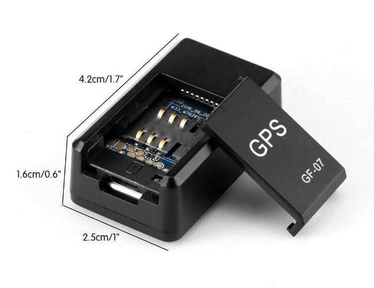 Anti-Lost Tracking Alarm GF Model with GPS, dimensions labeled, showcasing internal components.