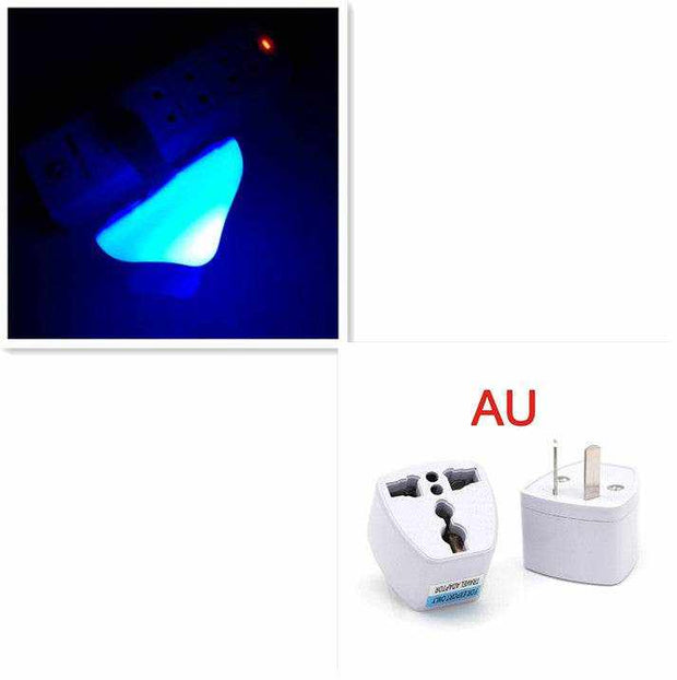 LED mushroom night light with EU and US plug compatibility, emits warm yellow light, sensor activated.