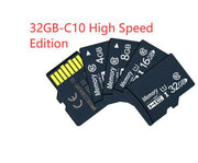 High-speed memory cards in various capacities, including 32GB C10 edition, displayed in a fan arrangement.