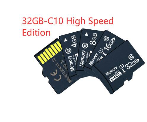 High-speed memory cards in various capacities, including 32GB C10 edition, displayed in a fan arrangement.