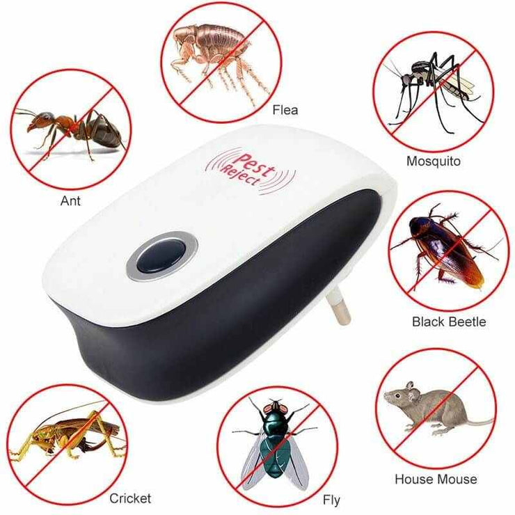 Electronic ultrasonic pest repeller for insects and mice, EU/US plug, high frequency coverage.