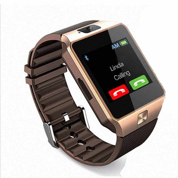 Sports Smart Watch DZ09 with call display and brown strap.